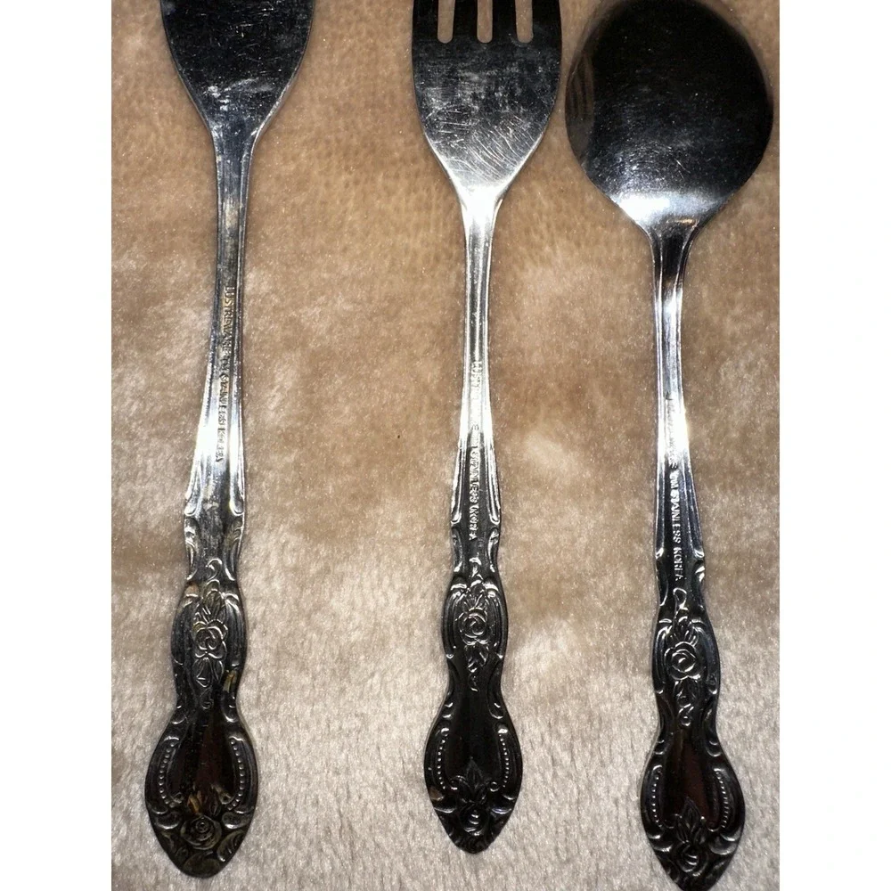 Lustreware Silverware Stainless Ornate Rose Korea Spoon Knife 2 forks Lot
